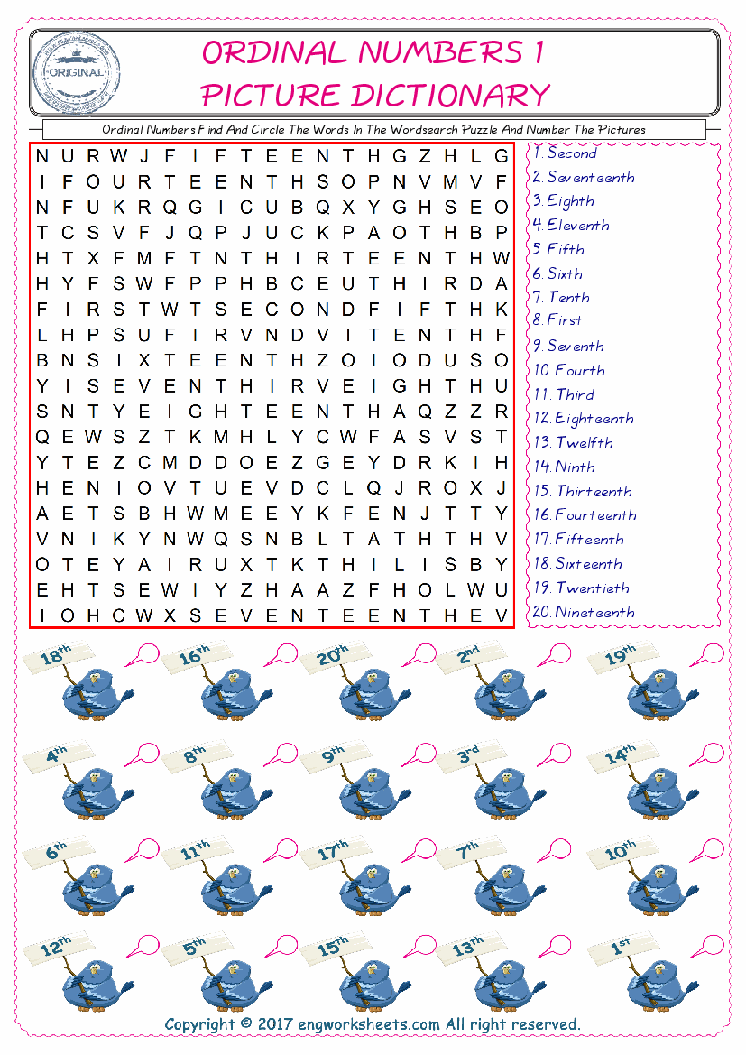  ESL wordsearch worksheets for kids, find Ordinal Numbers words in the word wordsearch write its number on its picture English worksheet. 